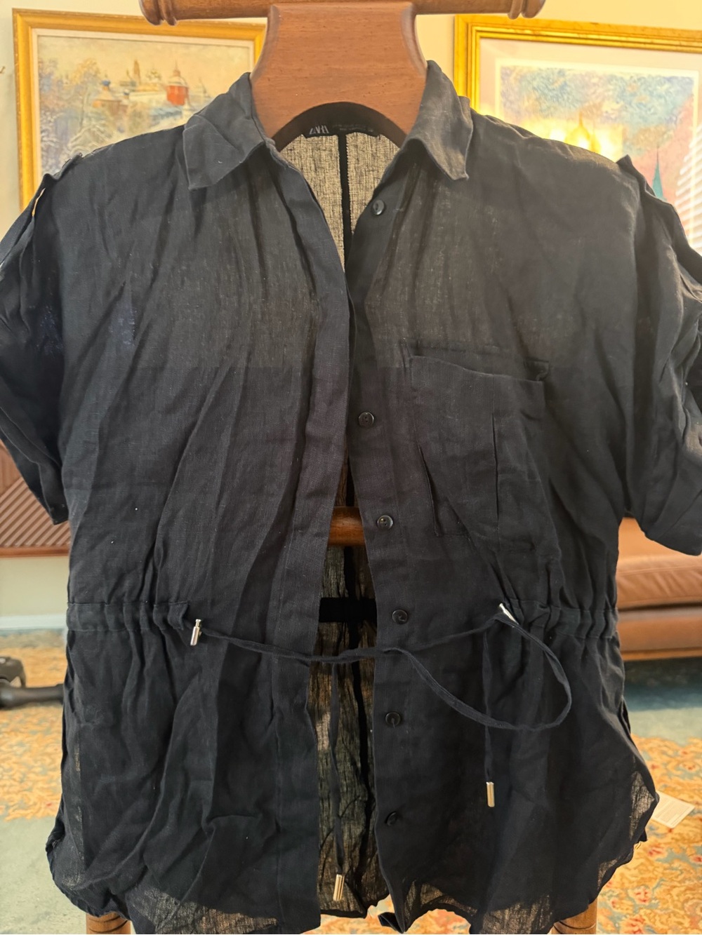 Zara Black Linen Drawstring Shirt XS